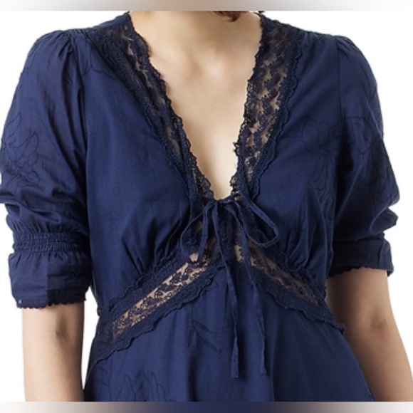 Sam Edelman Dasie Lace Detail A-Line Cotton Midi Dress in Navy Blue Size Medium - Picture 7 of 16